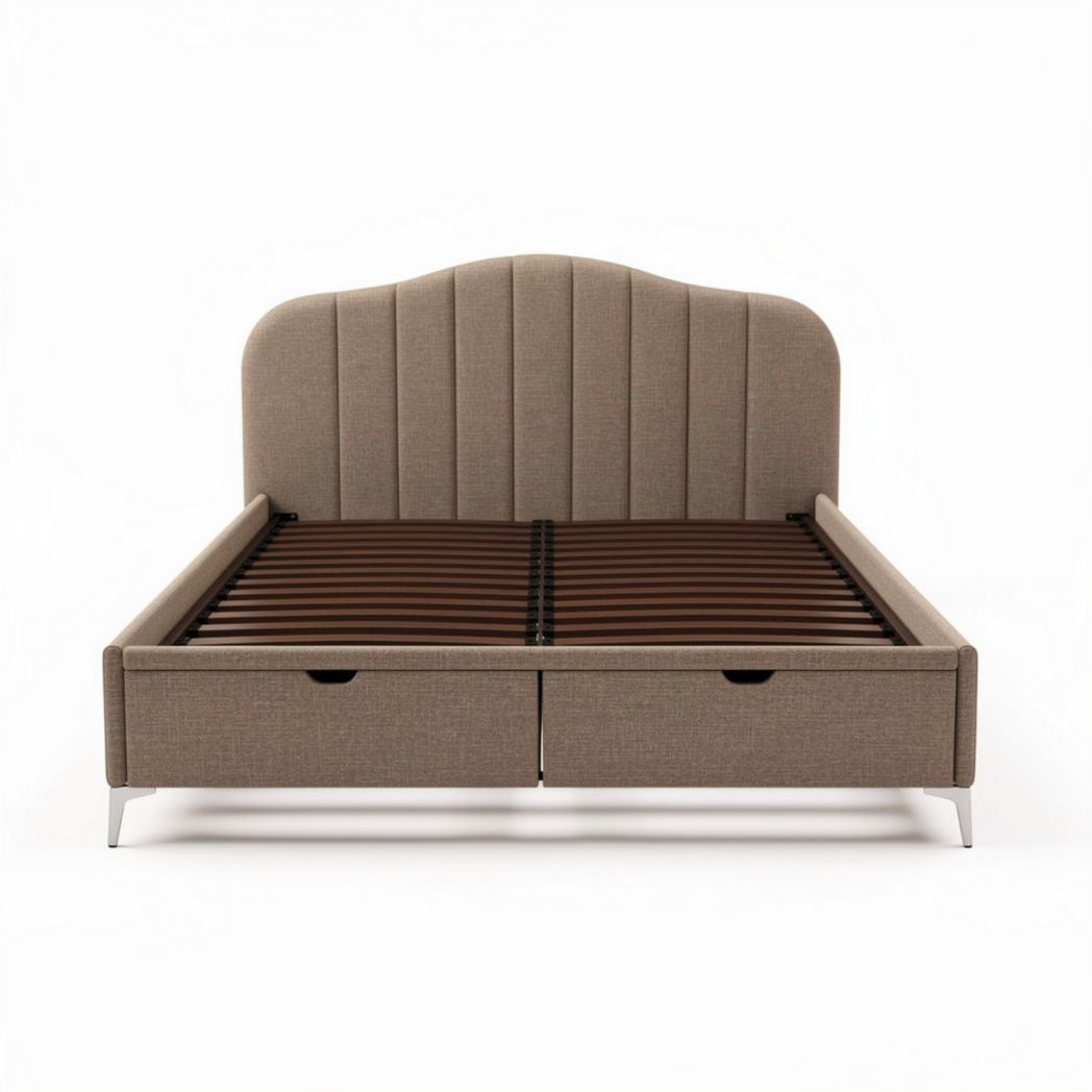 Lit en tissu beige avec tête de lit rembourrée dimensions 180 x 200 x 100cm et tiroirs de rangement