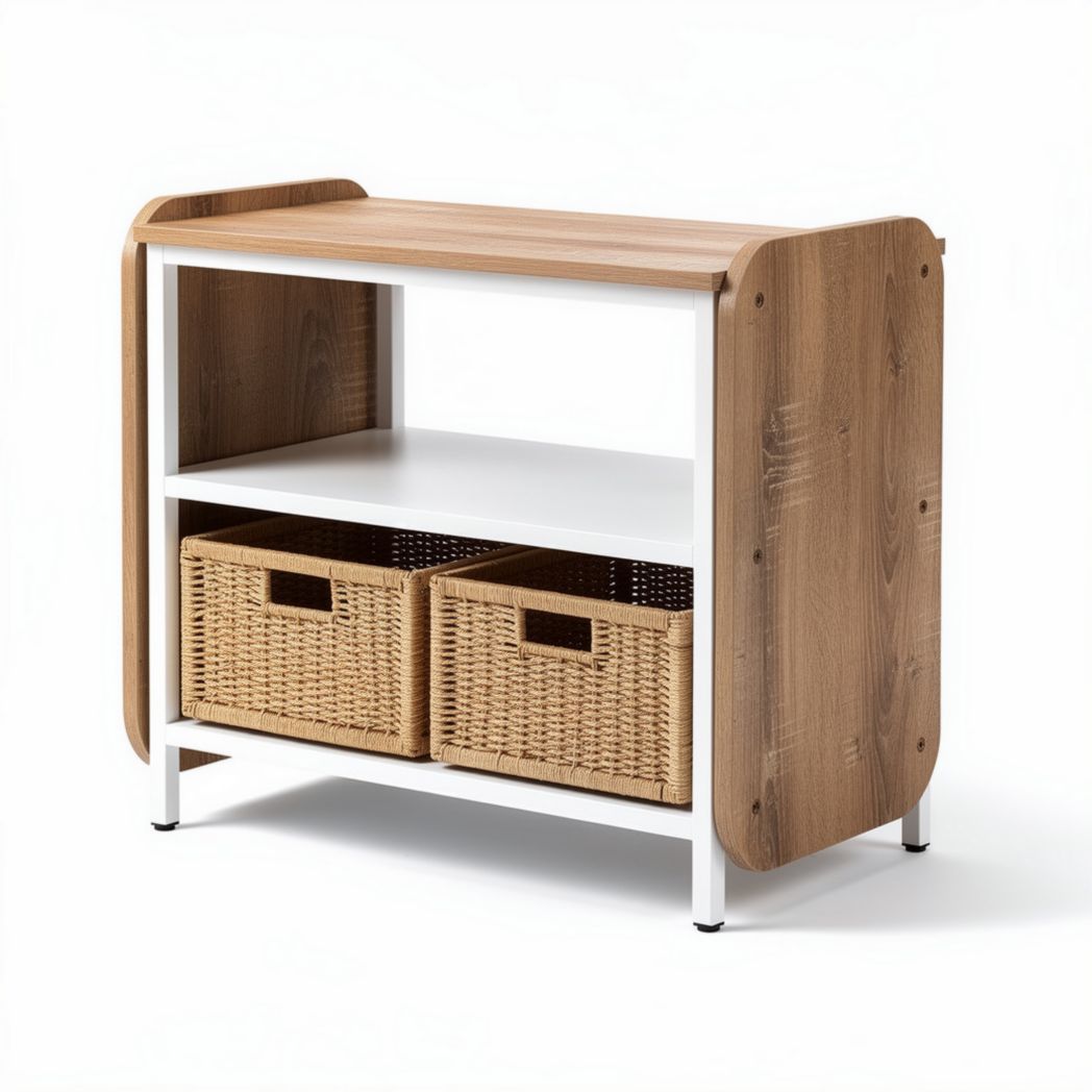 Table de rangement en bois avec paniers en osier 80 x 40 x 75cm