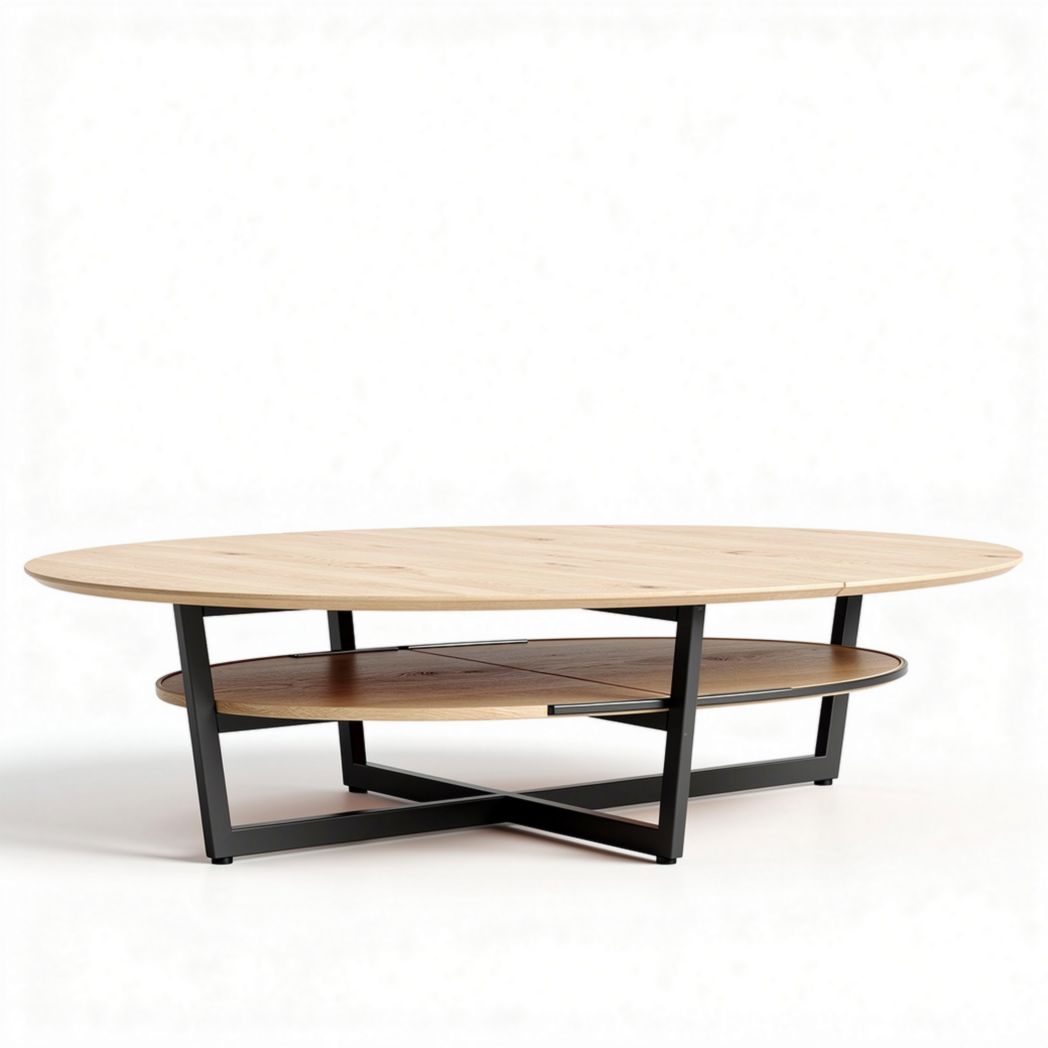 Table basse ovale en bois naturel et métal noir dimensions 150 x 80 x 40cm