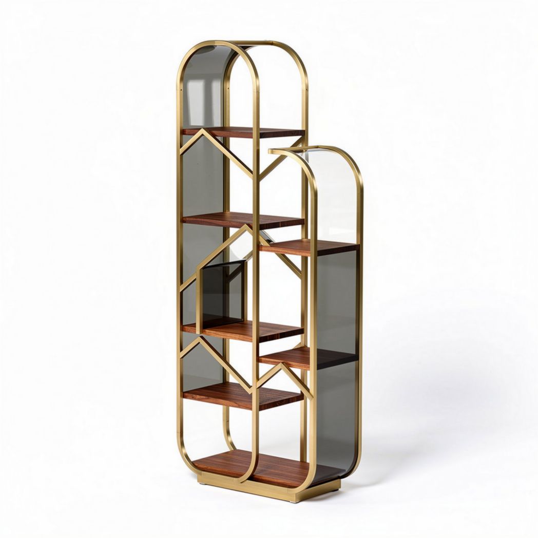 Étagère en métal doré avec étagères en bois et verre 150 x 60 x 30cm