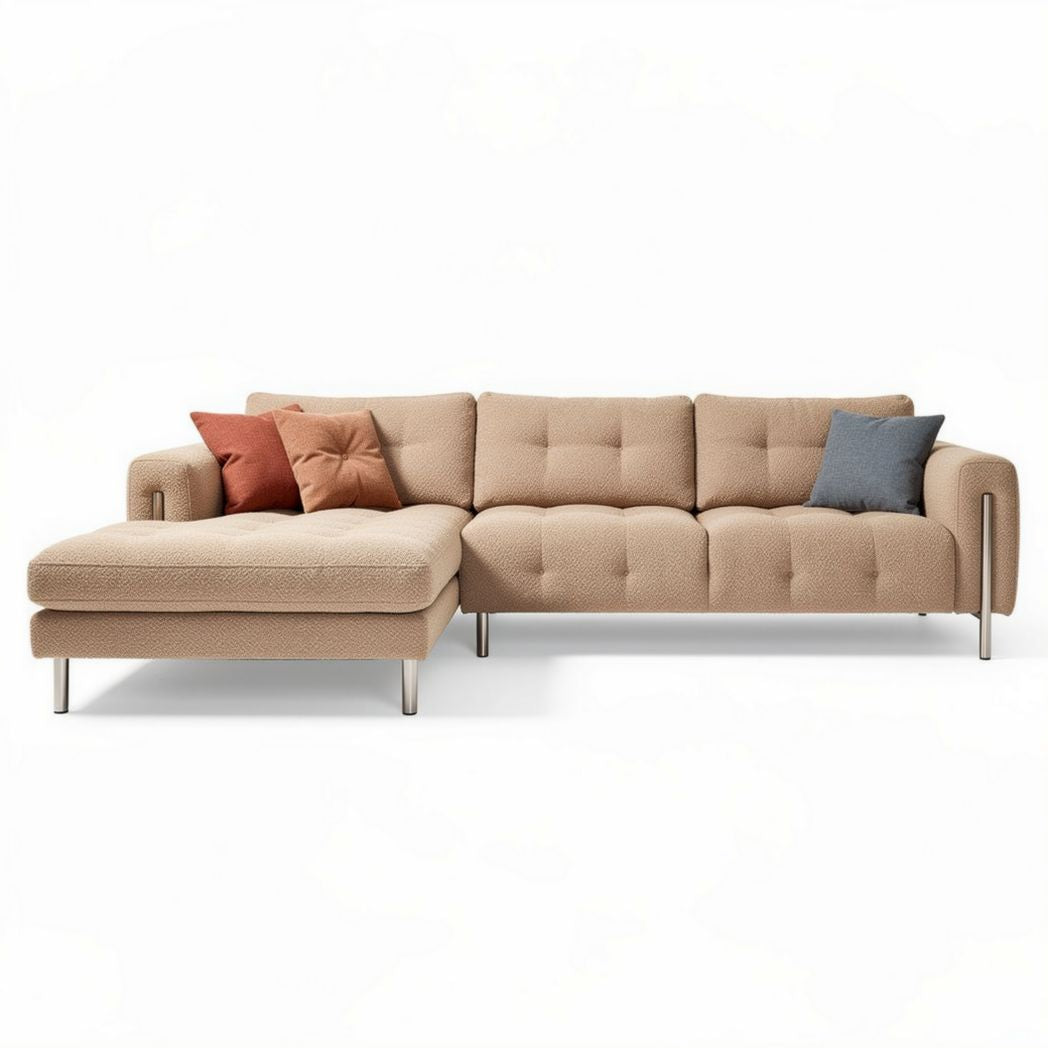 Canapé d'angle en tissu beige avec coussins décoratifs dimensions 250 x 90 x 85cm