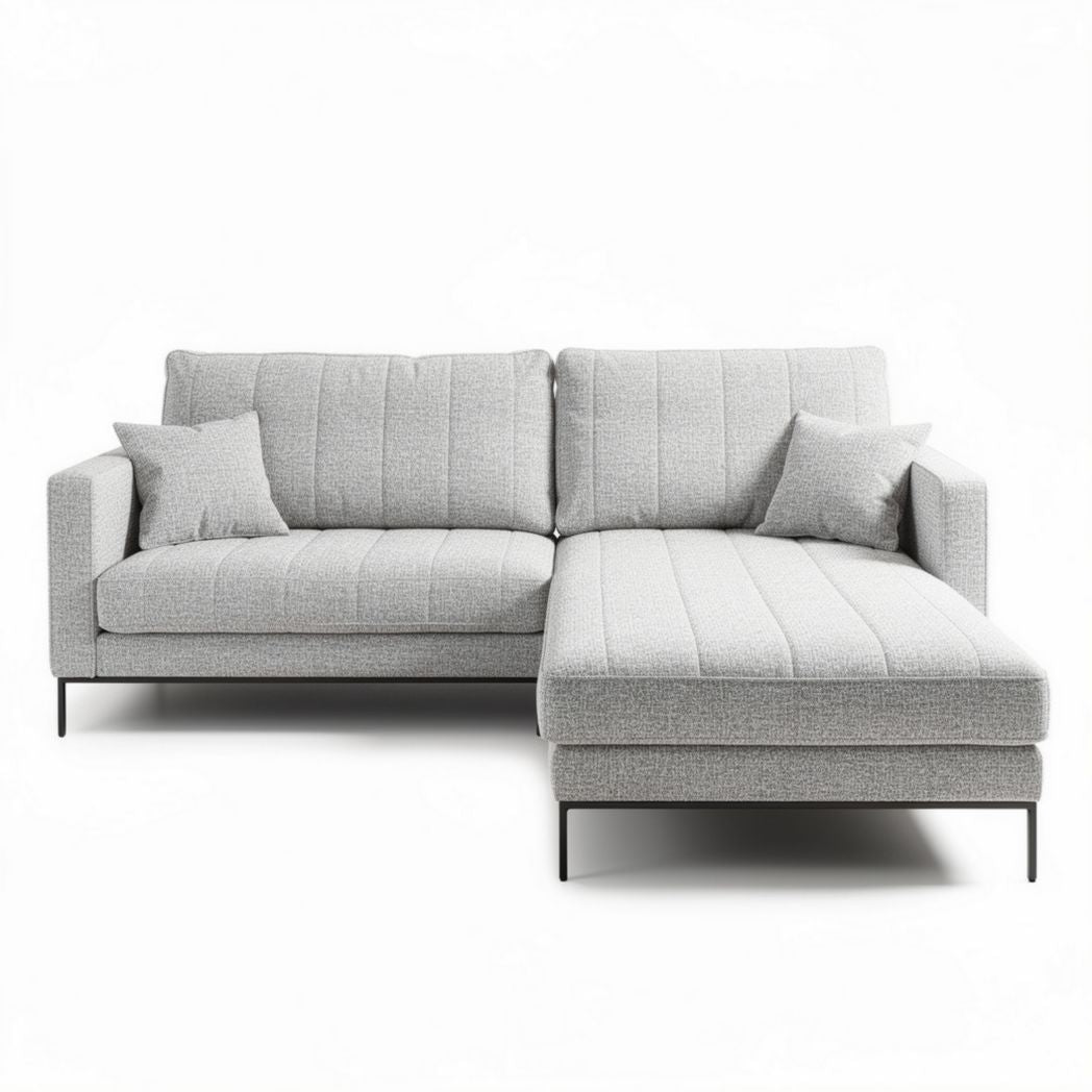 Canapé d'angle en tissu gris clair dimensions 200 x 90 x 85cm avec coussins décoratifs
